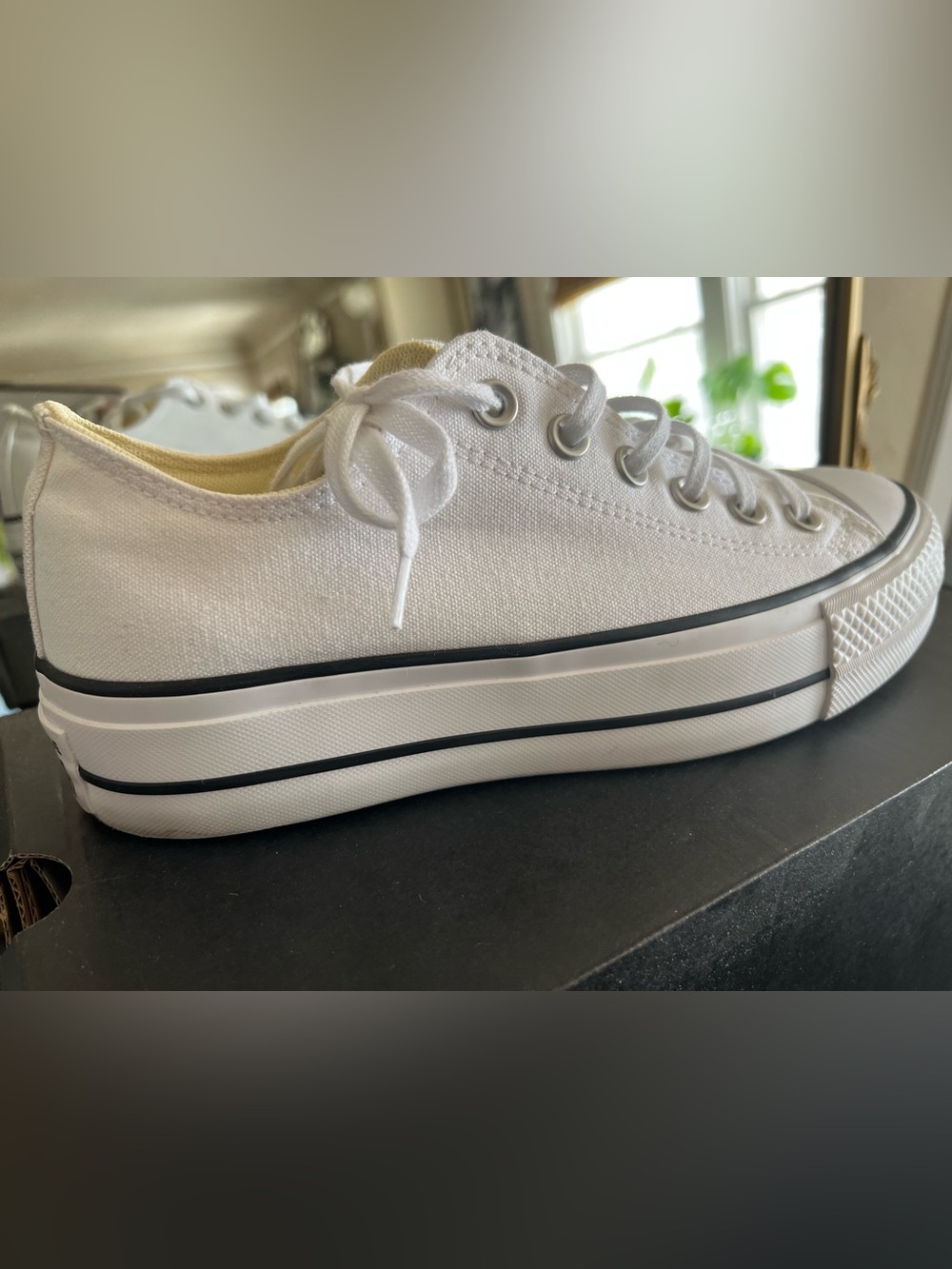 Converse White Low-Top Platform Canvas Sneakers with Black Trim - Picture 9 of 12